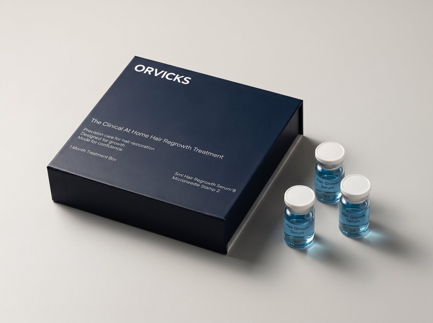 ORVICKS Clinical At Home Hair Regrowth Treatment kit met navy doos en 5ml hair growth serum ampullen